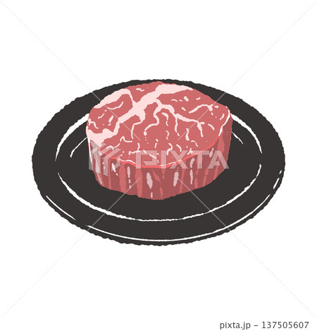 厚切り和牛ステーキと黒い丸皿の盛り付けイラスト 厚切り和牛ステーキと黒い丸皿の盛り付けイラスト 137505607