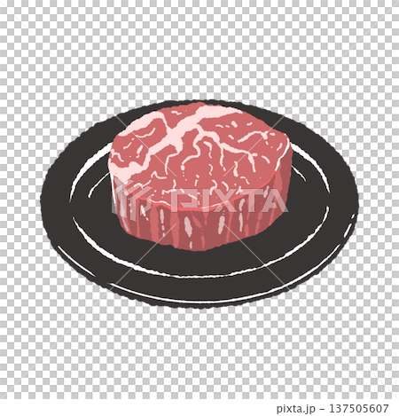 厚切り和牛ステーキと黒い丸皿の盛り付けイラスト 厚切り和牛ステーキと黒い丸皿の盛り付けイラスト 137505607