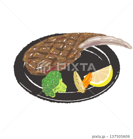 焼いたトマホークステーキと黒い丸皿の盛り付けイラスト 137505609