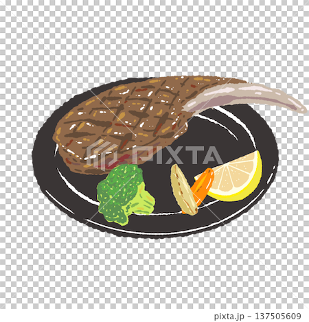 焼いたトマホークステーキと黒い丸皿の盛り付けイラスト 137505609