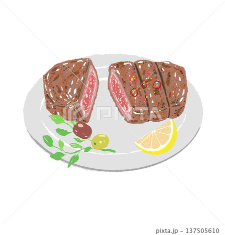 カットされた焼きステーキと白い丸皿の盛り付けイラスト カットされた焼きステーキと白い丸皿の盛り付けイラスト 137505610