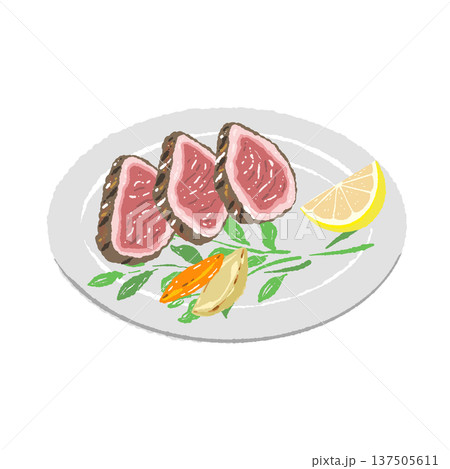 スライス和牛と白い丸皿の盛り付けイラスト スライス和牛と白い丸皿の盛り付けイラスト 137505611