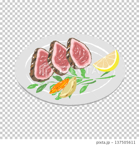 スライス和牛と白い丸皿の盛り付けイラスト スライス和牛と白い丸皿の盛り付けイラスト 137505611