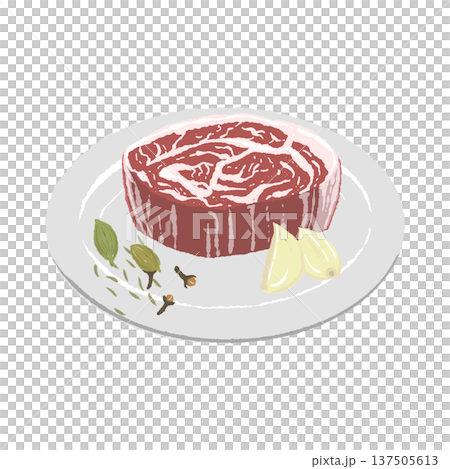 Illustration of Wagyu beef steak and white round plate (with condiments) 137505613