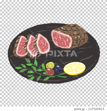 Sliced Wagyu beef and black round plate illustration Sliced Wagyu beef and black round plate illustration 137505615