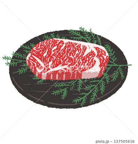 霜降り和牛ステーキと黒い丸皿の盛り付けイラスト 霜降り和牛ステーキと黒い丸皿の盛り付けイラスト 137505616