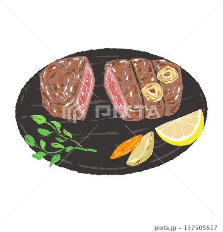カットされた焼きステーキと黒い丸皿の盛り付けイラスト 137505617