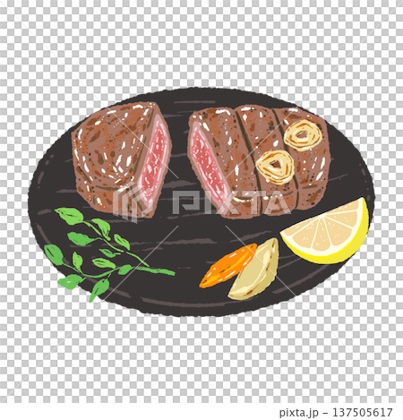 カットされた焼きステーキと黒い丸皿の盛り付けイラスト 137505617