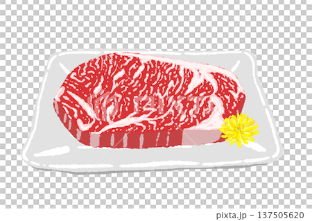 霜降り和牛ステーキと白い角皿の盛り付けイラスト 霜降り和牛ステーキと白い角皿の盛り付けイラスト 137505620