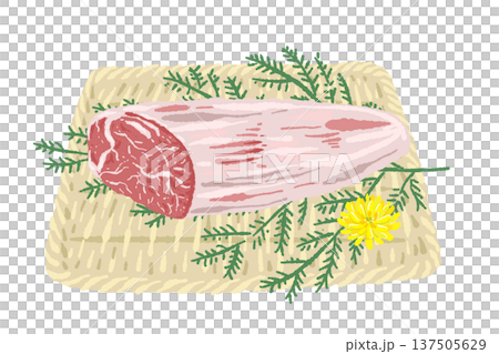 Illustration of Wagyu beef block meat and a square bamboo colander 137505629