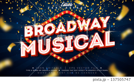 Broadway Musical Text Effect Design Editable Vector Graphic Style Effect with Light Bulb Frame Billboard and 3d Typography Lettering on Falling Gold Confetti Background. Premium Luxury Casino, Night Broadway Musical Text Effect Design Editable Vector Graphic Style Effect with Light Bulb Frame Billboard and 3d Typography Lettering on Falling Gold Confetti Background. Premium Luxury Casino, Night 137505747