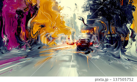 Abstract city street with a car and liquid paint distortion. Surreal urban landscape with pink and yellow swirls. Concept of city energy, motion blur. This is AI-generated item. 137505752
