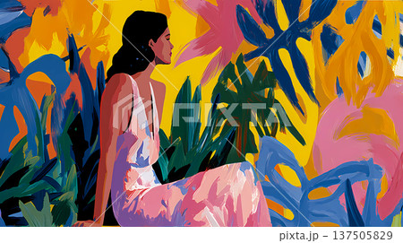 Vibrant tropical illustration of a woman in a floral dress amidst colorful palm leaves. Bright summery vacation, exotic travel. Solo female traveler. This is AI-generated item.  137505829
