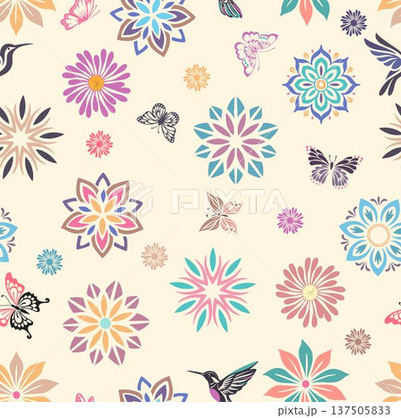 Hummingbird Butterfly Mandala Floral Seamless Summer Pattern Hummingbird Butterfly Mandala Floral Seamless Summer Pattern 137505833