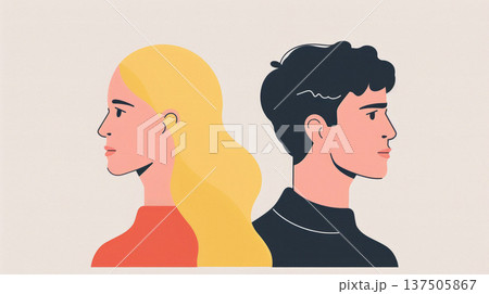 Man and a woman in a quarrel. Spouses stand back to back, disagreement, relationship troubles. Concept of divorce, misunderstanding in family. 137505867