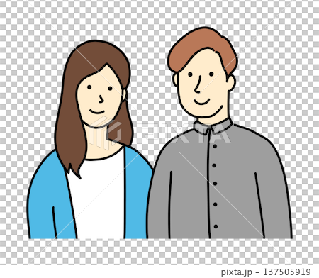 若い男性と女性の手書きイラスト。恋人や夫婦のイメージ。カジュアルな服装の男女が微笑んで並んでいる 137505919