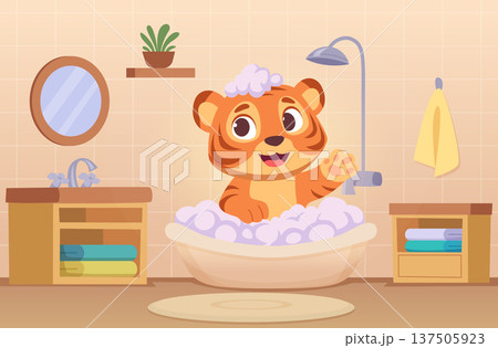 Bathing animals. Cartoon background with washing time animals exact vector illustration Bathing animals. Cartoon background with washing time animals exact vector illustration 137505923