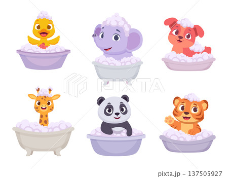 Animal bathing. Cartoon cute baby animals washing in bath time exact vector characters for kids Animal bathing. Cartoon cute baby animals washing in bath time exact vector characters for kids 137505927
