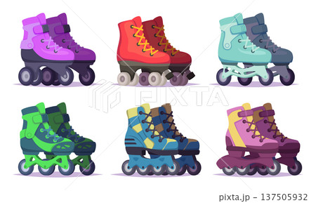 Roller skates. 80s shoes with rubber wheels exact vector sport skates set 137505932