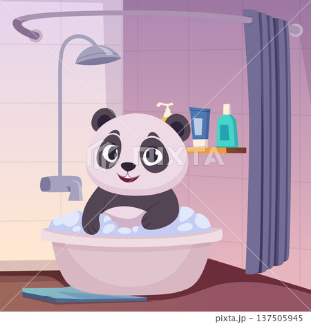 Panda bathing. cute bear little animal bathing in cozy interior 137505945