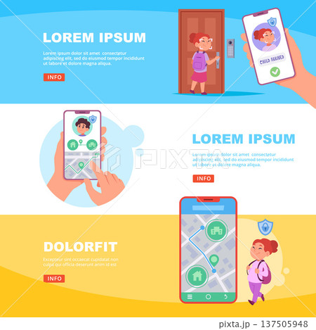 Kids gps. safety navigation smart system for kids. vector banners template 137505948