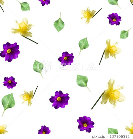Seamless floral pattern with daffodils and primroses, spring decorative design 137506553