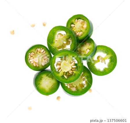 Fresh jalapeno pepper isolated on white background. Slices of green hot serrano pepper. Clipping path. Top view. Fresh jalapeno pepper isolated on white background. Slices of green hot serrano pepper. Clipping path. Top view. 137506601