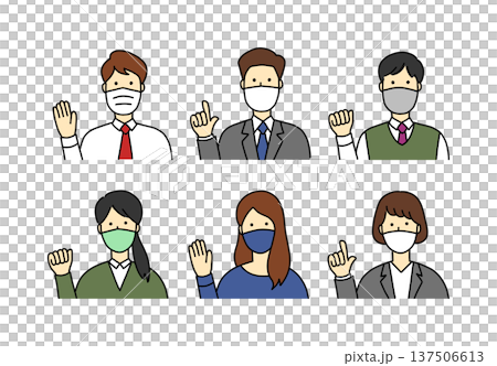 マスクをして感染対策している男性と女性の社会人。おしゃれな手書きのシンプルなイラスト。 137506613