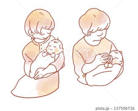 赤ちゃんを抱っこする母親父親のイラスト　水彩風 137506716
