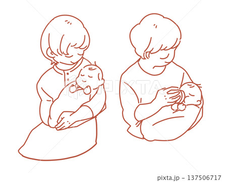 赤ちゃんを抱っこする母親父親のイラスト　線画・塗り絵用 137506717