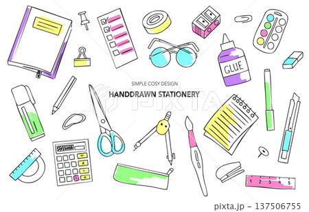 Hand drawn stationery colorful doodle set with notebook, scissors, calculator and school supplies. Simple cozy sketch vector collection for study, planner and office design Hand drawn stationery colorful doodle set with notebook, scissors, calculator and school supplies. Simple cozy sketch vector collection for study, planner and office design 137506755