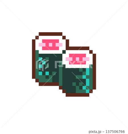 Pixel Art Tuna Maki Sushi Icon Set. Retro 8 Bit Japanese Fish Roll Vector Illustration for Game UI, Stickers and Menu Design 137506766