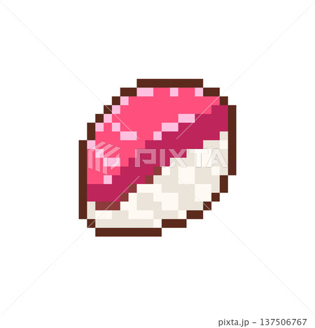 Pixel Art Tuna Nigiri Sushi Icon. Retro 8 Bit Japanese Fish Food Vector Illustration for Game UI, Stickers and Menu Design 137506767