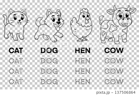 Cute farm animals coloring and tracing worksheet for preschool kids including cat dog hen and cow characters on white background for educational kindergarten activity and English vocabulary practice Cute farm animals coloring and tracing worksheet for preschool kids including cat dog hen and cow characters on white background for educational kindergarten activity and English vocabulary practice 137506864