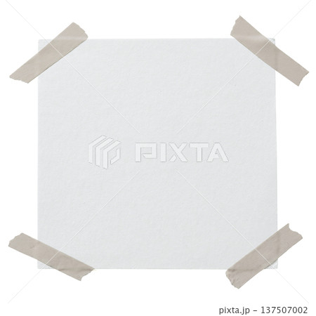 Empty note paper mockup. Message reminder card template isolated on transparent background. White paper texture. Grunge ripped brown adhesive tape in four corners. Business office stationery object Empty note paper mockup. Message reminder card template isolated on transparent background. White paper texture. Grunge ripped brown adhesive tape in four corners. Business office stationery object 137507002