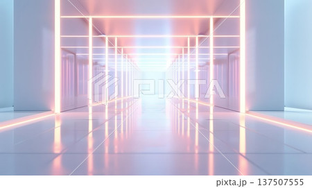 Futuristic white hallway with glowing neon lights. 137507555