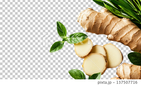 Sliced Galangal Root with Fresh Green Leaves Displayed on a Plain White Background  Galangal is a Tropical Rhizome Commonly Used in Asian Cuisines for its Distinct Flavor and Aroma 137507716