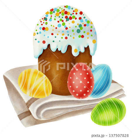 Watercolor illustration of an Easter cake with painted multicolored eggs and spring flowers. Perfect for cards, invitations, packaging, and seasonal designs. Watercolor illustration of an Easter cake with painted multicolored eggs and spring flowers. Perfect for cards, invitations, packaging, and seasonal designs. 137507828