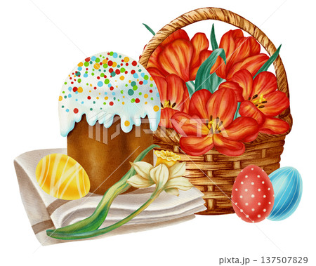 Watercolor illustration of an Easter cake with painted multicolored eggs and spring flowers. Perfect for cards, invitations, packaging, and seasonal designs. Watercolor illustration of an Easter cake with painted multicolored eggs and spring flowers. Perfect for cards, invitations, packaging, and seasonal designs. 137507829