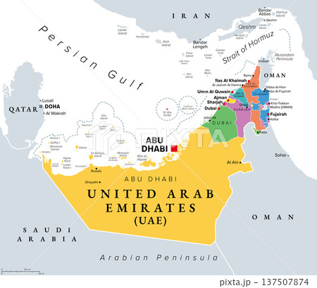 Emirates of the United Arab Emirates, political map, with capital Abu Dhabi. UAE, consisting of the seven emirates Abu Dhabi, Ajman, Dubai, Fujairah, Ras Al Khaimah, Sharjah, and Umm Al Quwain. Vector Emirates of the United Arab Emirates, political map, with capital Abu Dhabi. UAE, consisting of the seven emirates Abu Dhabi, Ajman, Dubai, Fujairah, Ras Al Khaimah, Sharjah, and Umm Al Quwain. Vector 137507874