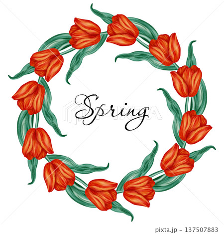 Watercolor spring wreath of vibrant red tulips. Hand-drawn circular floral frame with "Spring" lettering. Botanical illustration for greeting cards, posters, and seasonal decor, textiles, packaging Watercolor spring wreath of vibrant red tulips. Hand-drawn circular floral frame with "Spring" lettering. Botanical illustration for greeting cards, posters, and seasonal decor, textiles, packaging 137507883