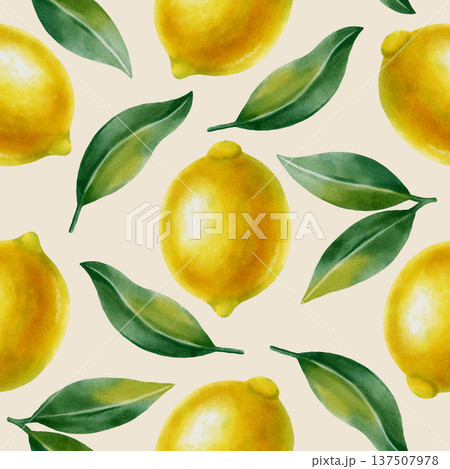 Seamless watercolor pattern featuring whole yellow lemons and green leaves. Hand-drawn summer botanical illustration is perfect for fabric, wallpaper, packaging, and kitchen decor 137507978