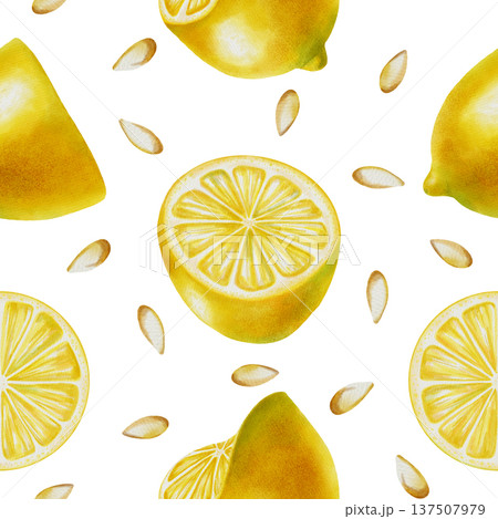 Watercolor seamless pattern with sliced lemons, citrus halves and seeds. Hand-drawn summer botanical illustration is perfect for fabric, wallpaper, packaging, and kitchen decor, cafe menu Watercolor seamless pattern with sliced lemons, citrus halves and seeds. Hand-drawn summer botanical illustration is perfect for fabric, wallpaper, packaging, and kitchen decor, cafe menu 137507979