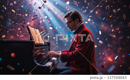Pianist Performing on Grand Piano with Musical Notes and Confetti. 137508083