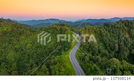 Aerial View of the Iconic Number Three Curve Road in Nan Thailand Aerial View of the Iconic Number Three Curve Road in Nan Thailand 137508114