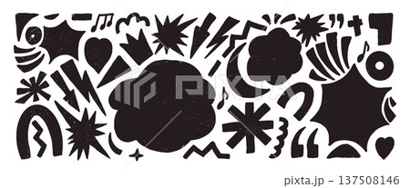 Abstract geometric music note hand drawn background. Geometry freeform charcoal figures scribbles set. Bang clouds, lightning, arrows, heart stickers. Vector illustration isolated no background Abstract geometric music note hand drawn background. Geometry freeform charcoal figures scribbles set. Bang clouds, lightning, arrows, heart stickers. Vector illustration isolated no background 137508146