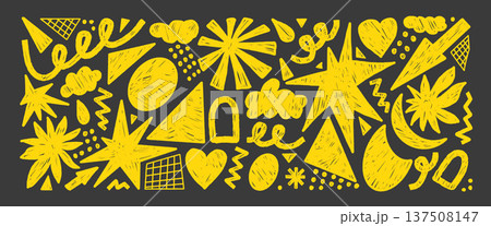 Crayon geometric doodle shapes. Playful stars, flower, grid abstract elements. Funky retro sticker figures, yellow pencil strokes, and childish doodle graphic for creative vector design projects no bg 137508147