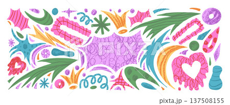 Paper cutout abstract geometric shapes with crayon texture. Background of geometry, organic freeform collage naive hand drawn doodle figures. Scrapbook vector stickers with stars, arrows, heart shape 137508155