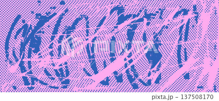 Pixel halftone pink and blue paint brush textured background. Urban street wall with blue dynamic lines graffiti or pen with noise for girly punk design. Vector abstract background grain texture Pixel halftone pink and blue paint brush textured background. Urban street wall with blue dynamic lines graffiti or pen with noise for girly punk design. Vector abstract background grain texture 137508170