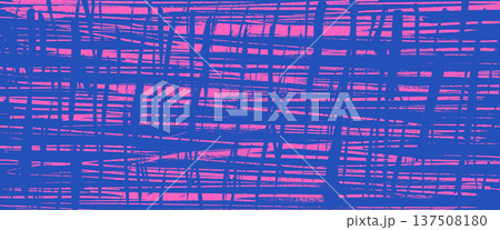 Grungy textured scratch surface with hand-drawn brush strokes pattern. Blue pink grid overlay, rough grain effect, and abstract shapes for punk project and posters. Vector urban street wall bg 137508180